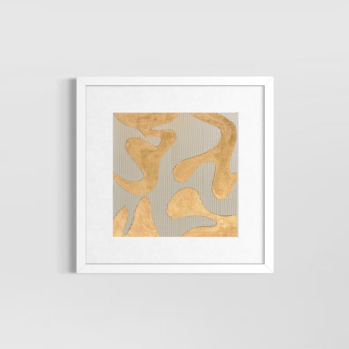 minimal geometric abstract organic shape in gold with lines  straight on beige light  background