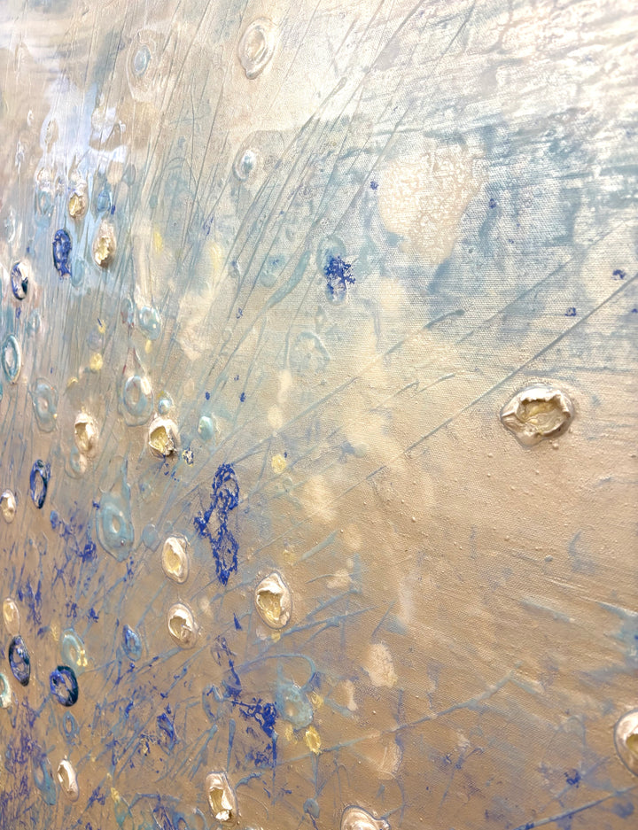 Abstract landscape in cold blue ice white colors organic blob spots of 3 dimensional paint resin  textured  layered  by eric heitmann