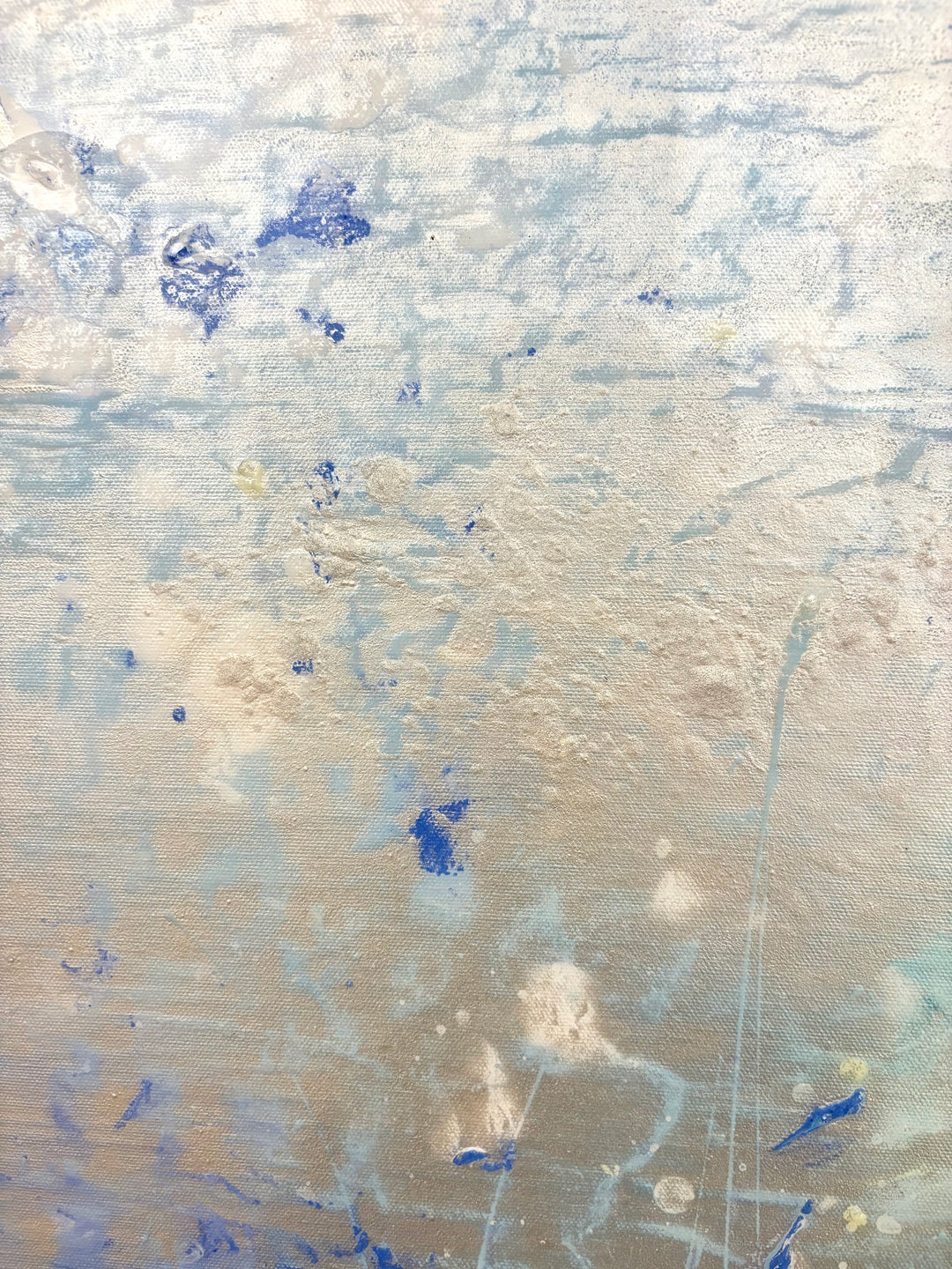 Abstract landscape in cold blue ice white colors organic blob spots of 3 dimensional paint resin  textured  layered  by eric heitmann