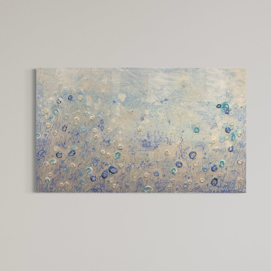Abstract landscape in cold blue ice white colors organic blob spots of 3 dimensional paint resin  textured  layered  by eric heitmann