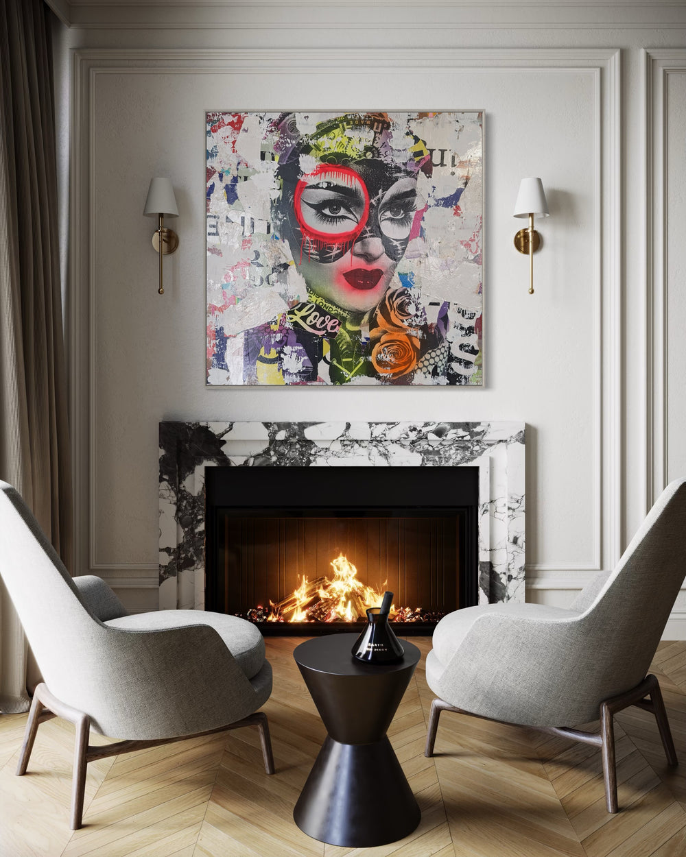 48" x 48" Acrylic paint, spray paint, wheat-paste, vintage advertisements, printed fragments on canvas. Masked woman surrounded by paper graphics with DAIN's signature circle over her left eye. 