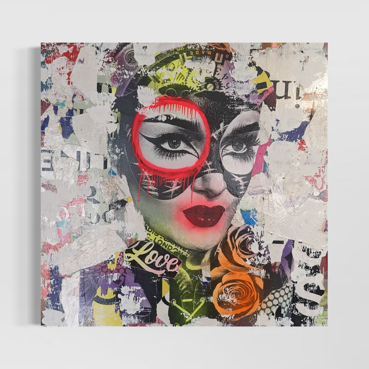 48" x 48" Acrylic paint, spray paint, wheat-paste, vintage advertisements, printed fragments on canvas. Masked woman surrounded by paper graphics with DAIN&