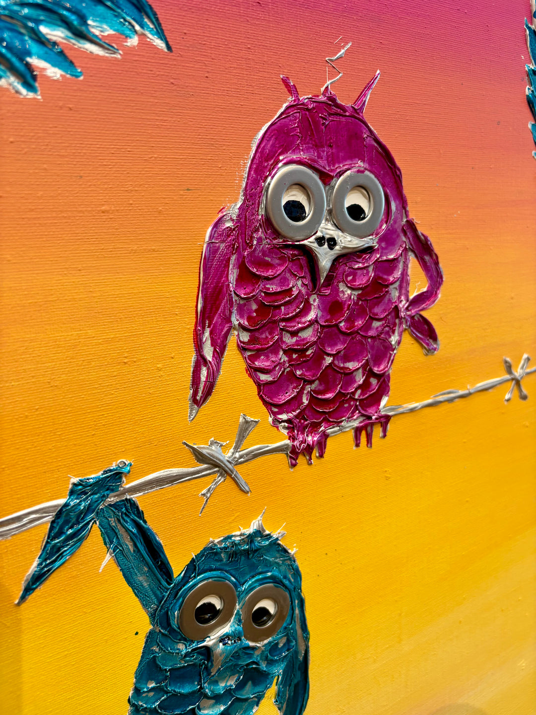 48" x 48" acrylic on canvas painting of pink and blue birds on barbed wire over a yellow-pink-blue gradient background. 