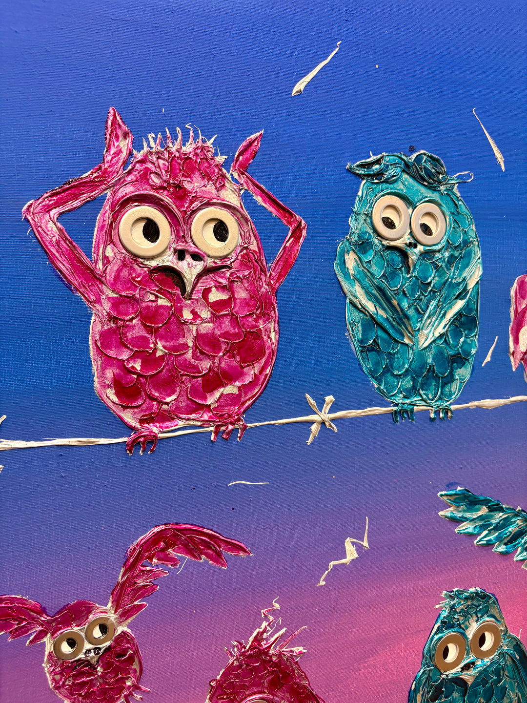 48" x 48" acrylic on canvas painting of pink and blue birds on barbed wire over a yellow-pink-blue gradient background. 