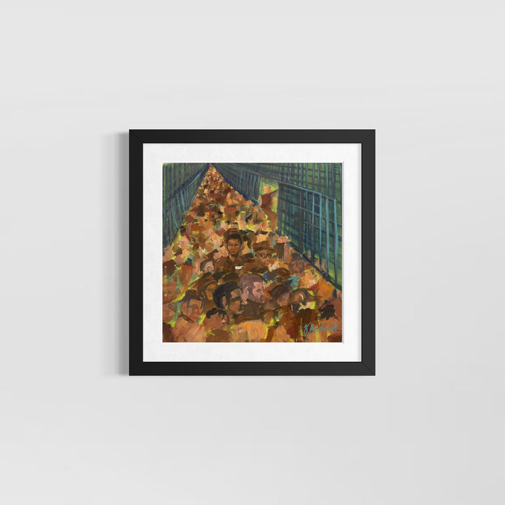 crowded prison caged path of faceless figure people in acrylic 