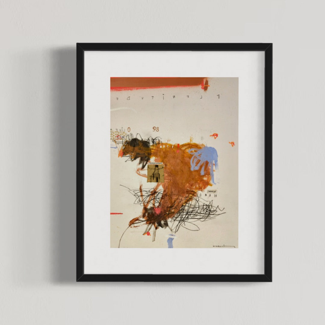 Abstract mixed media artwork on paper by Laurent Dorchin in brown, blue, black and white. Organic linework and minimal illustrations with collage and text elements.