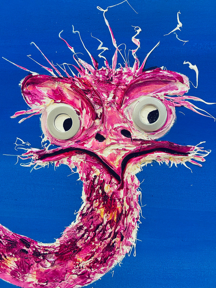 40" x 40" acrylic on canvas painting of a family of pink flamingos over a blue-pink gradient background. Washers used as eyes. 