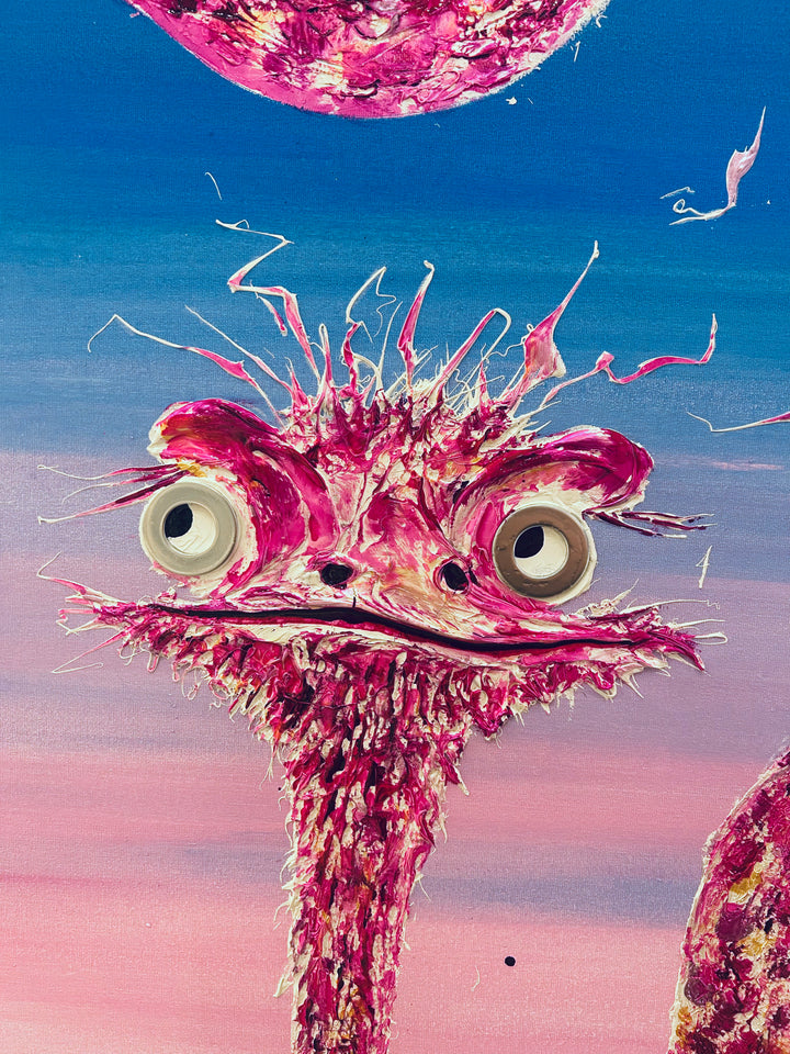 40" x 40" acrylic on canvas painting of a family of pink flamingos over a blue-pink gradient background. Washers used as eyes. 