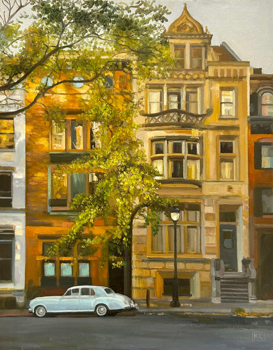 philadelphia, philly, cityscape, row homes, green, orange, blue, oil painting, oil paint