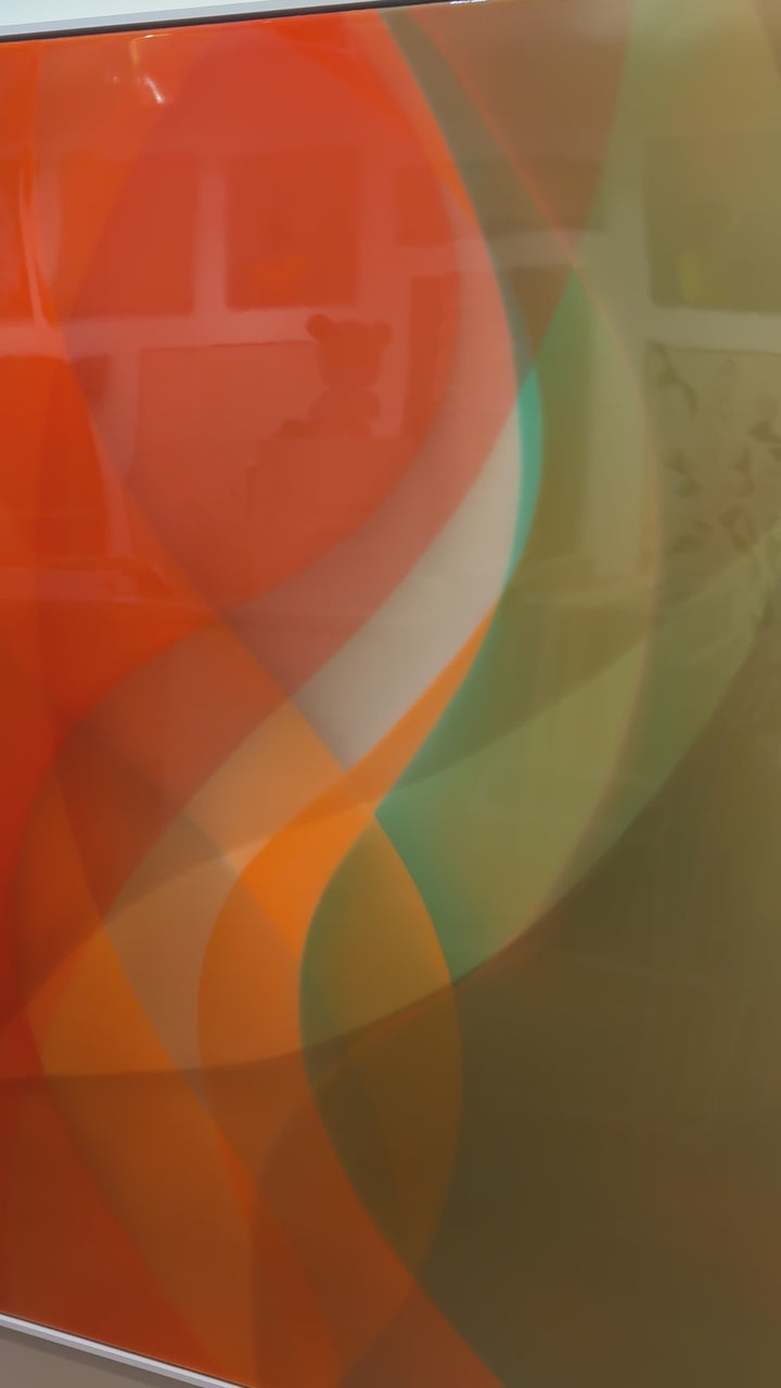Abstract layering of transparent resin colors of red orange with green beige in organic vertical waves 