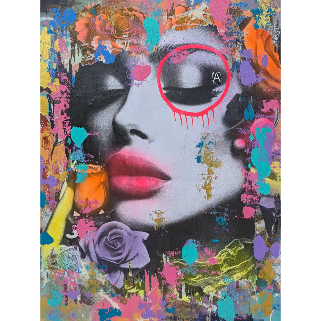 36"W x 48"H Acrylic paint, spray paint, wheat-paste, vintage advertisements, printed fragments on canvas. A woman&