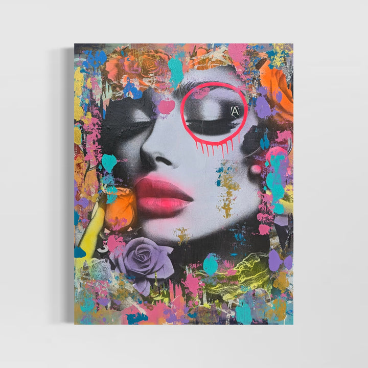 36"W x 48"H Acrylic paint, spray paint, wheat-paste, vintage advertisements, printed fragments on canvas. A woman&