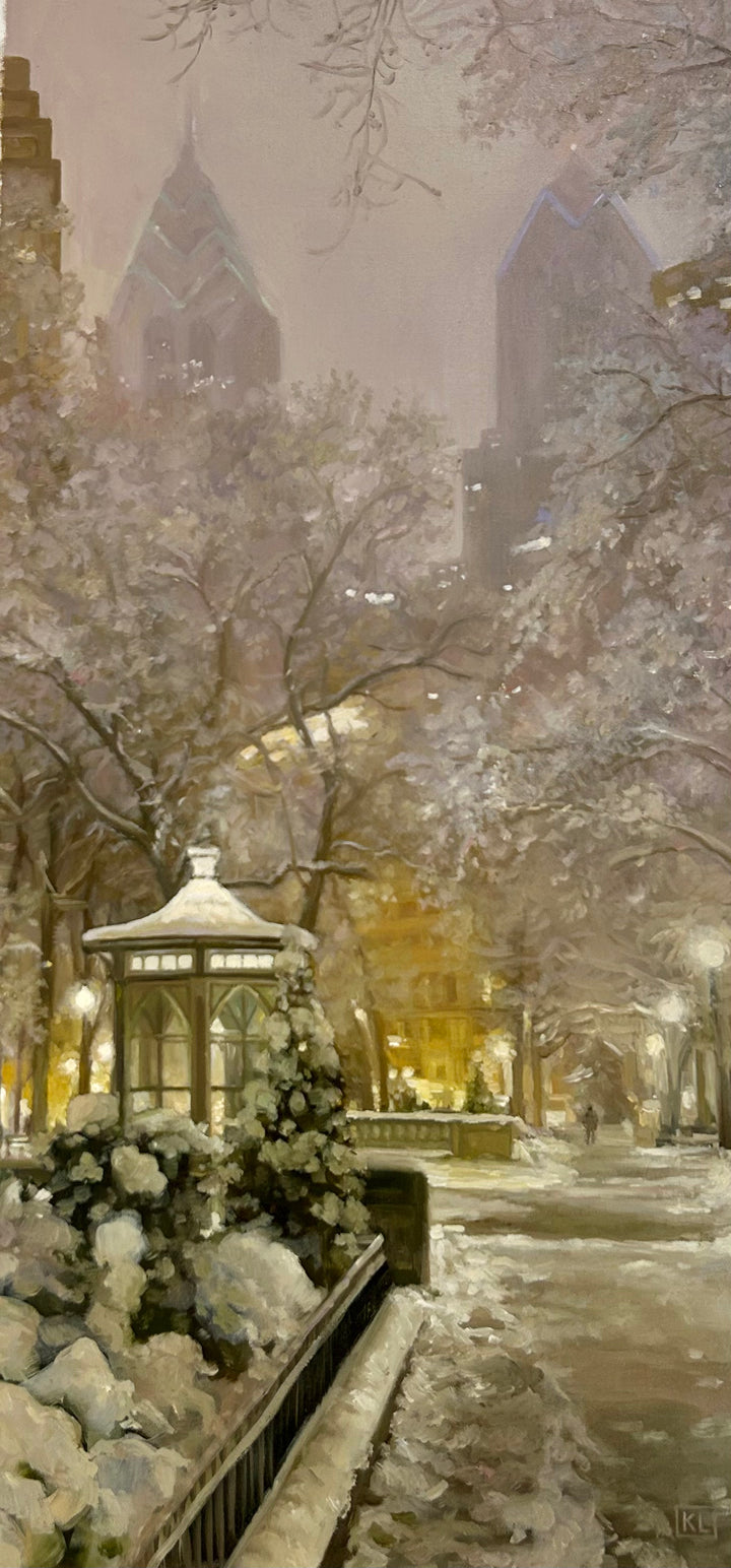 winter, rittenhouse, rittenhouse square, philly, philadelphia, oil painting, oil paint, cityscape, purple