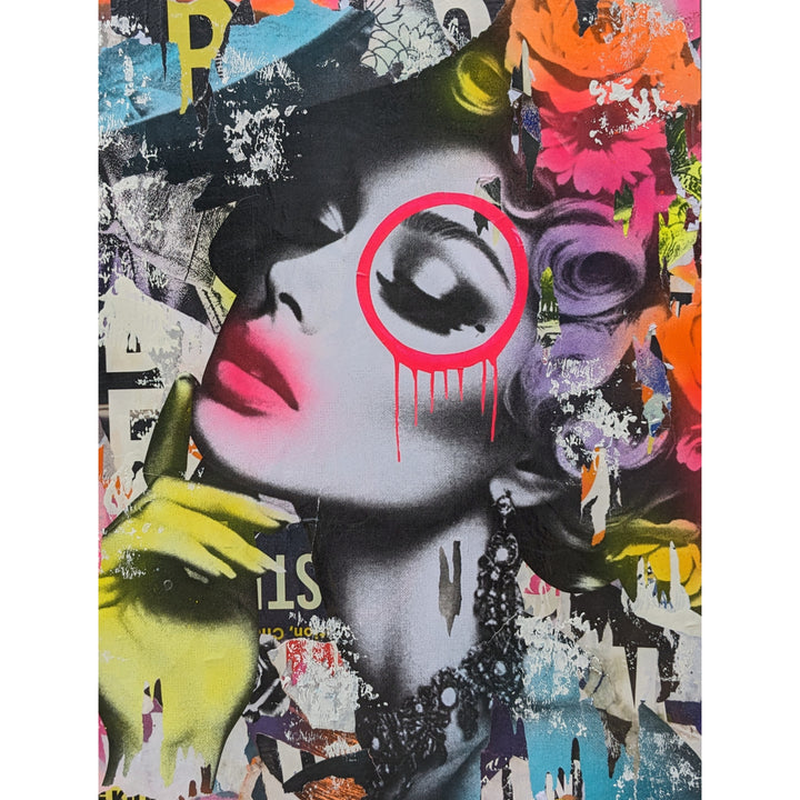 30"W x 40"H Acrylic paint, spray paint, wheat-paste, vintage advertisements, printed fragments on canvas. Posed woman surrounded by neon graphics with DAIN&