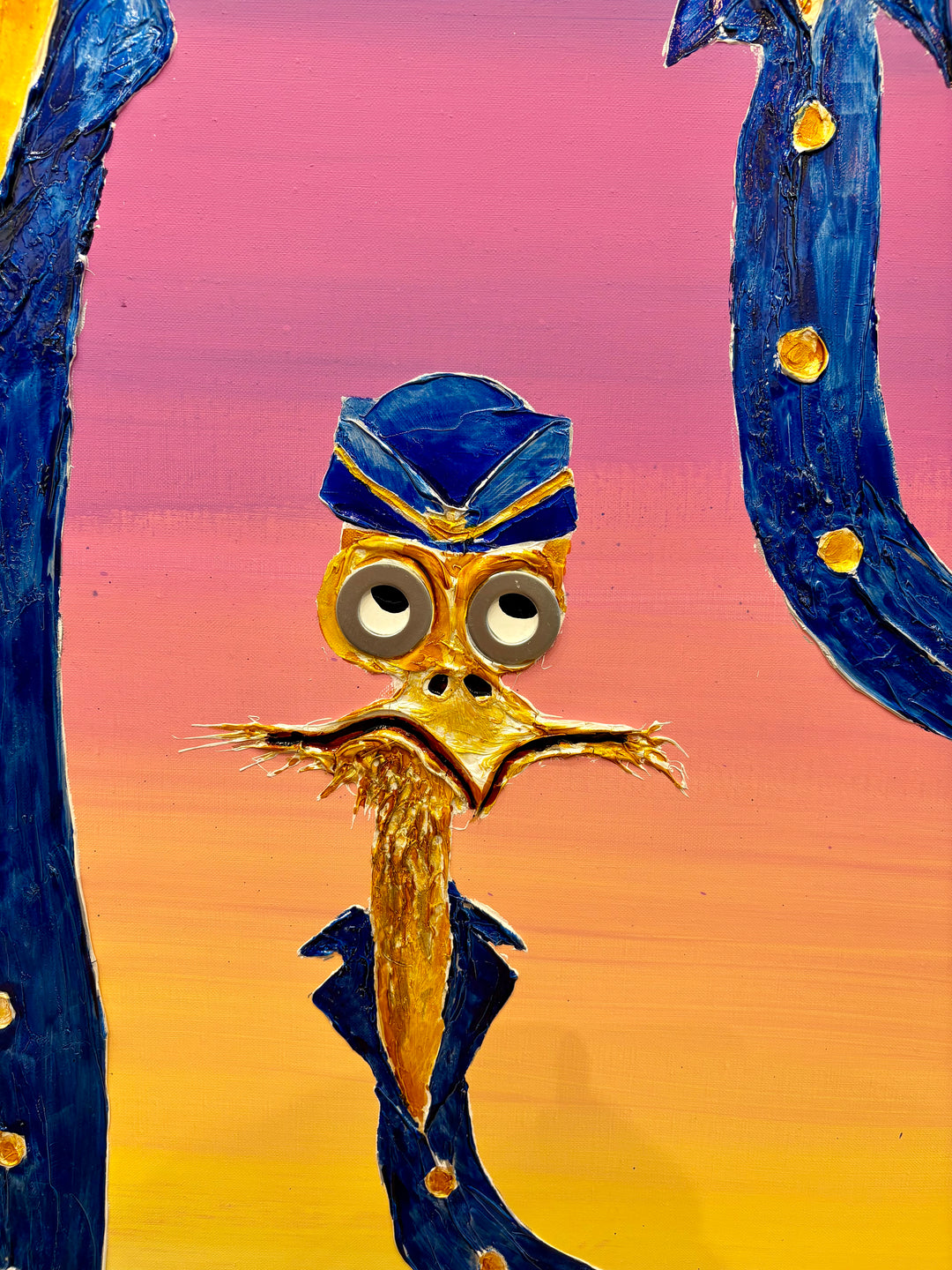 60" x 60" acrylic on canvas painting of yellow birds in blue uniforms and hats with glasses over a blue-pink-yellow gradient background. 