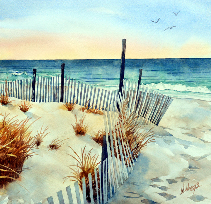 Watercolor landscape of a beach with the ocean in bright blue