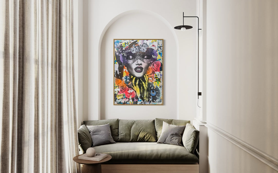 36"W x 48"H Acrylic paint, spray paint, wheat-paste, vintage advertisements, printed fragments on canvas. Woman&