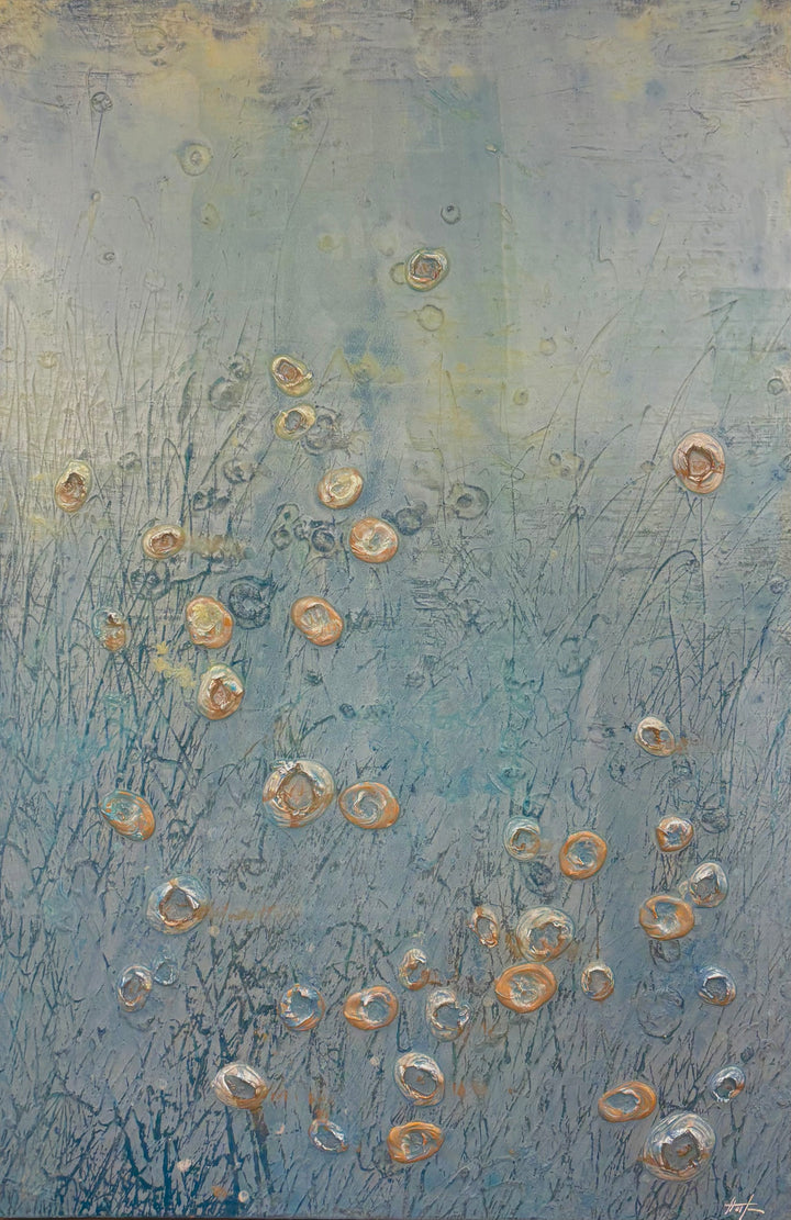 Abstract landscape in cold blue ice white colors organic silver blob spots of 3 dimensional paint resin  textured  layered  by eric heitmann