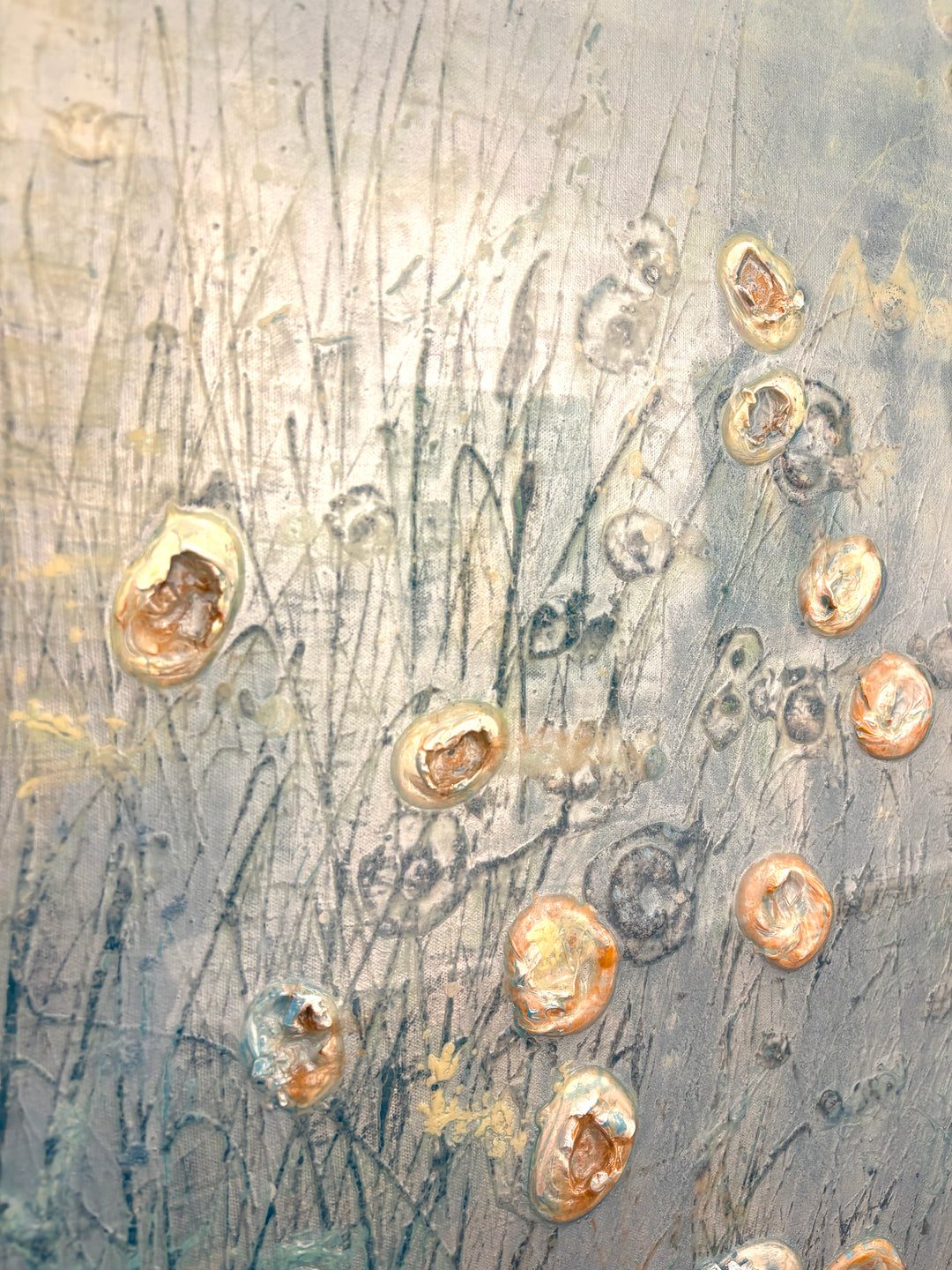 Abstract landscape in cold blue ice white colors organic silver blob spots of 3 dimensional paint resin  textured  layered  by eric heitmann