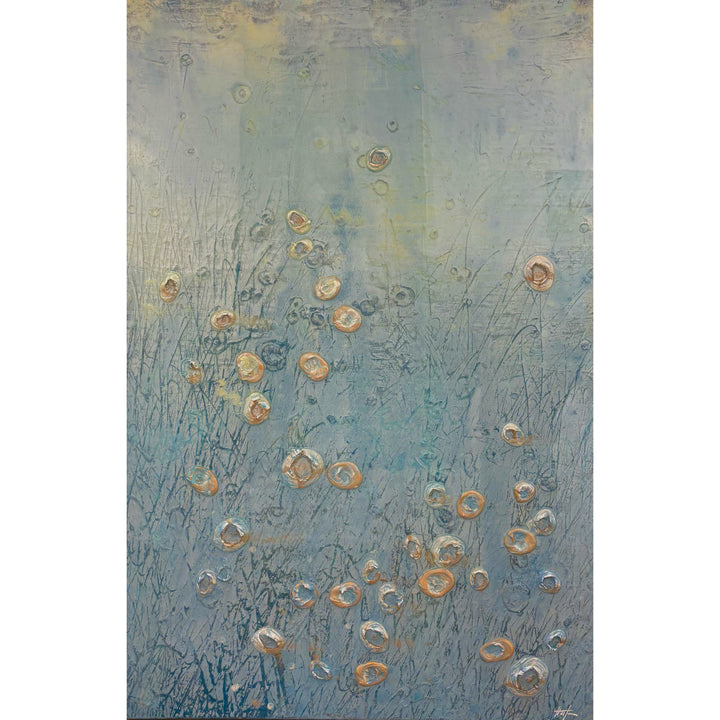 Abstract landscape in cold blue ice white colors organic silver blob spots of 3 dimensional paint resin  textured  layered  by eric heitmann