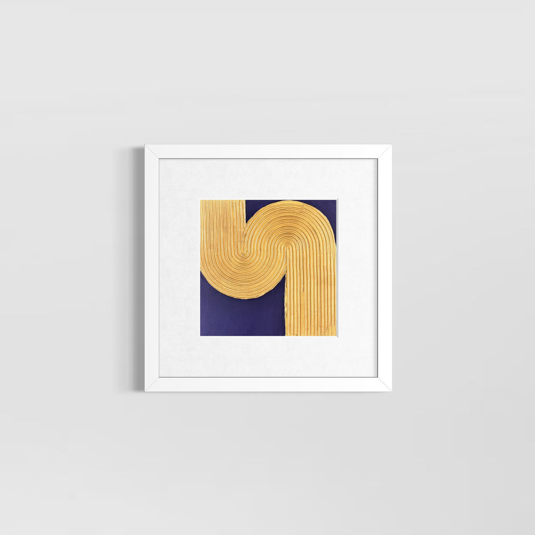 minimal geometric abstract organic shape in gold with lines curving and straight on blue background