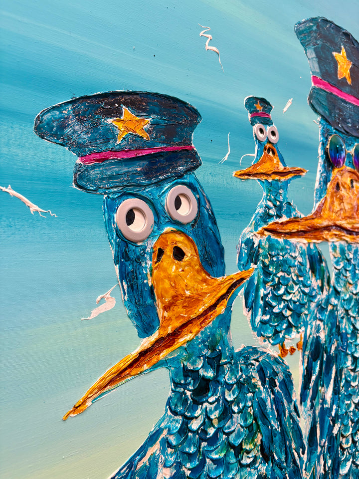 48" x 48" acrylic on canvas painting of blue birds with hats and eyes made of washers over a blue and green gradient background. 