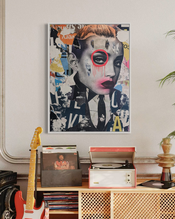 30"W x 40"H Acrylic paint, spray paint, wheat-paste, vintage advertisements &amp; printed fragments on canvas. A woman&