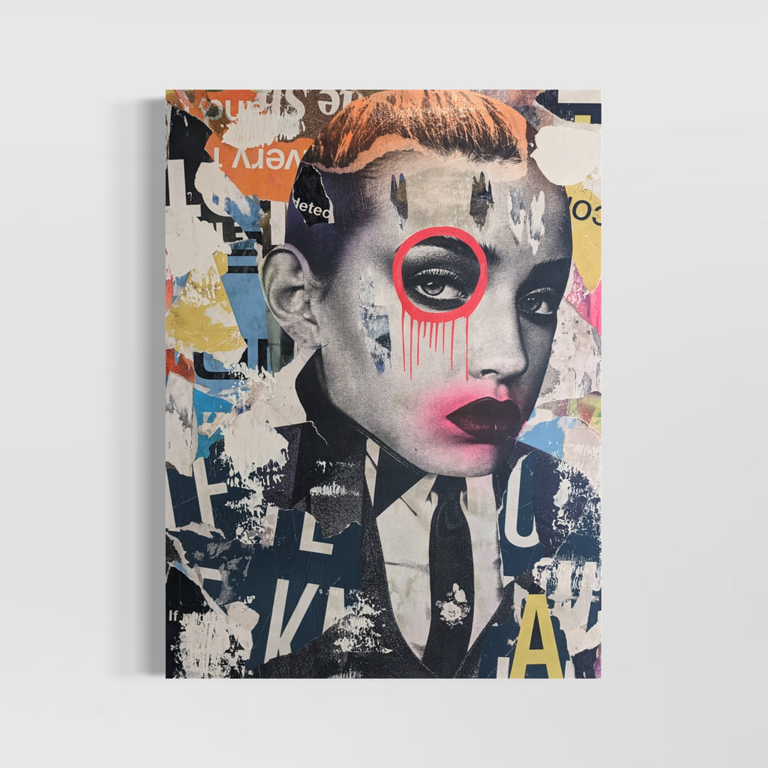 30"W x 40"H Acrylic paint, spray paint, wheat-paste, vintage advertisements &amp; printed fragments on canvas. A woman&