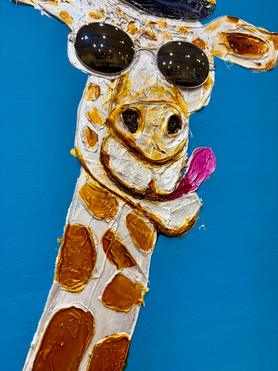 60" x 60" acrylic on canvas painting of giraffes with hats and sunglasses over a blue gradient background. 