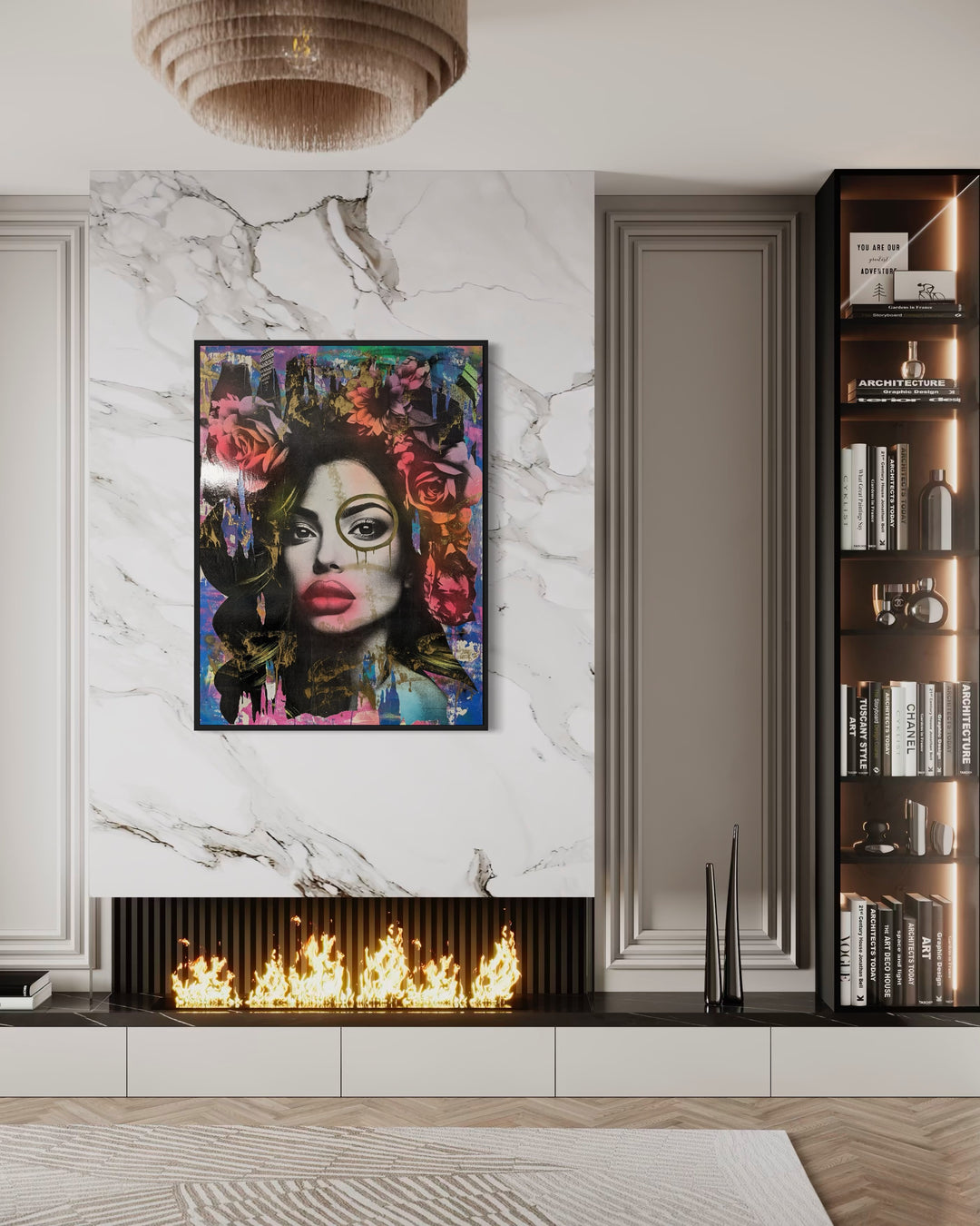 36"W x 48"H Acrylic paint, spray paint, wheat-paste, vintage advertisements, printed fragments on canvas. Woman&