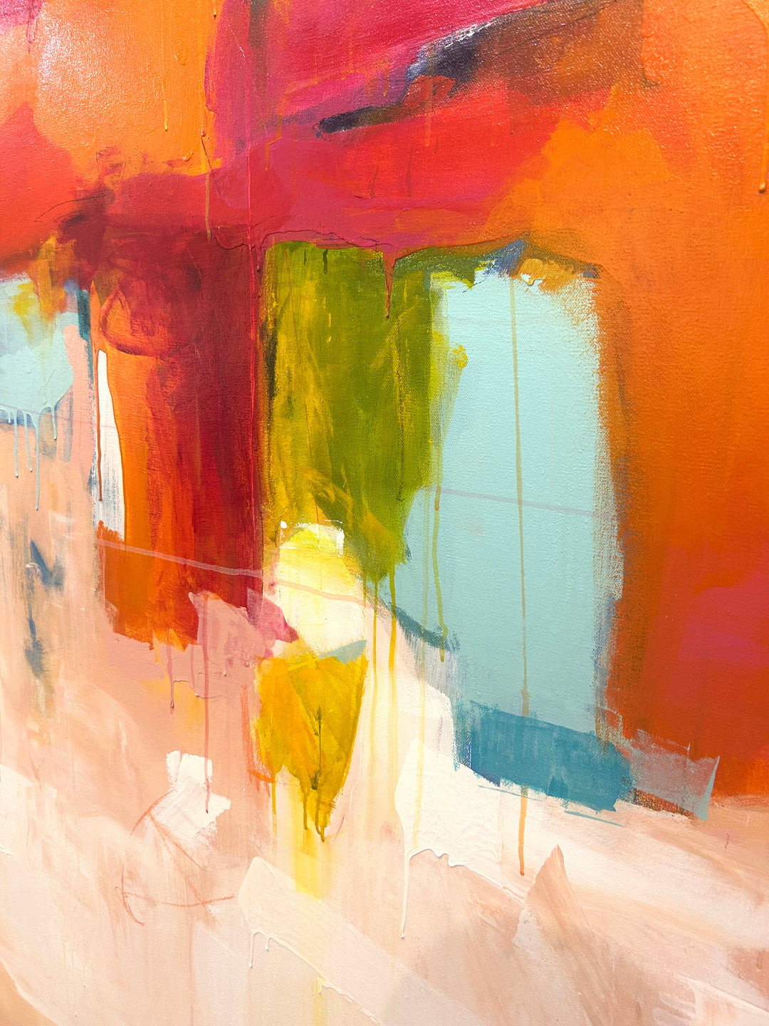 Abstract painting in red, orange and pink, with touches of light blue and white. Acylic paintin of canvas, large format