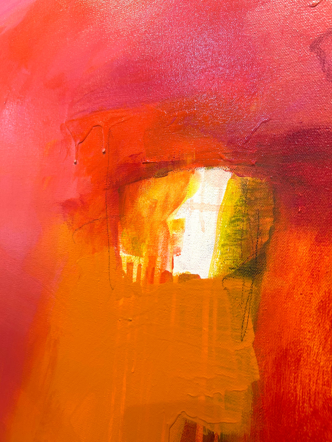 Abstract painting in red, orange and pink, with touches of light blue and white. Acylic paintin of canvas, large format