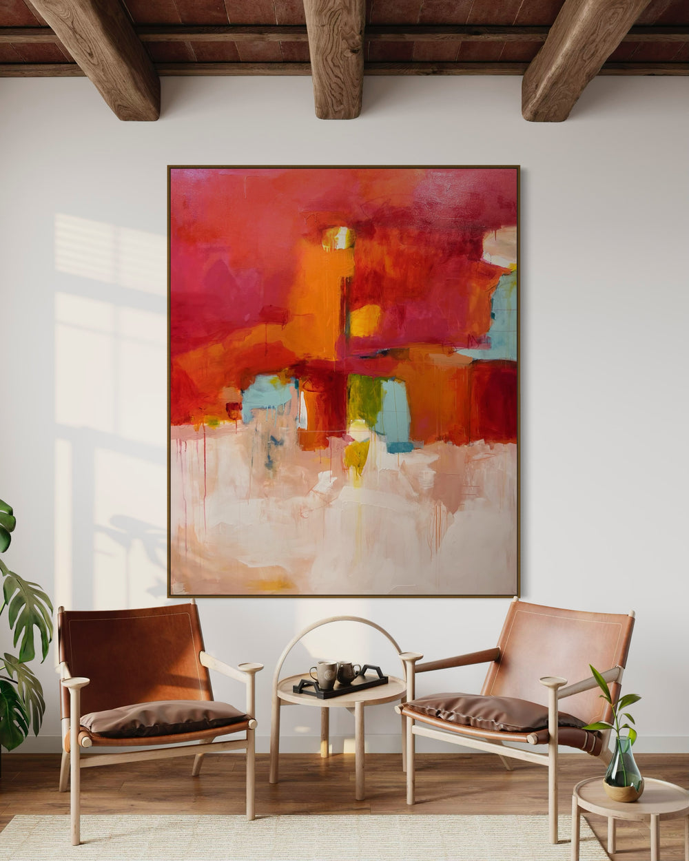 Abstract painting in red, orange and pink, with touches of light blue and white. Acylic paintin of canvas, large format