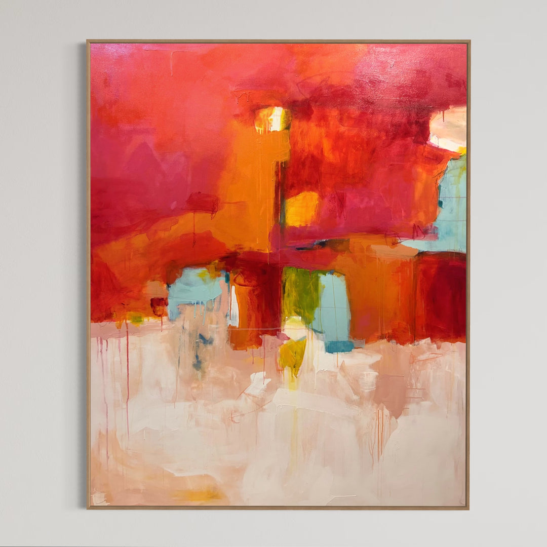 Abstract painting in red, orange and pink, with touches of light blue and white. Acylic paintin of canvas, large format