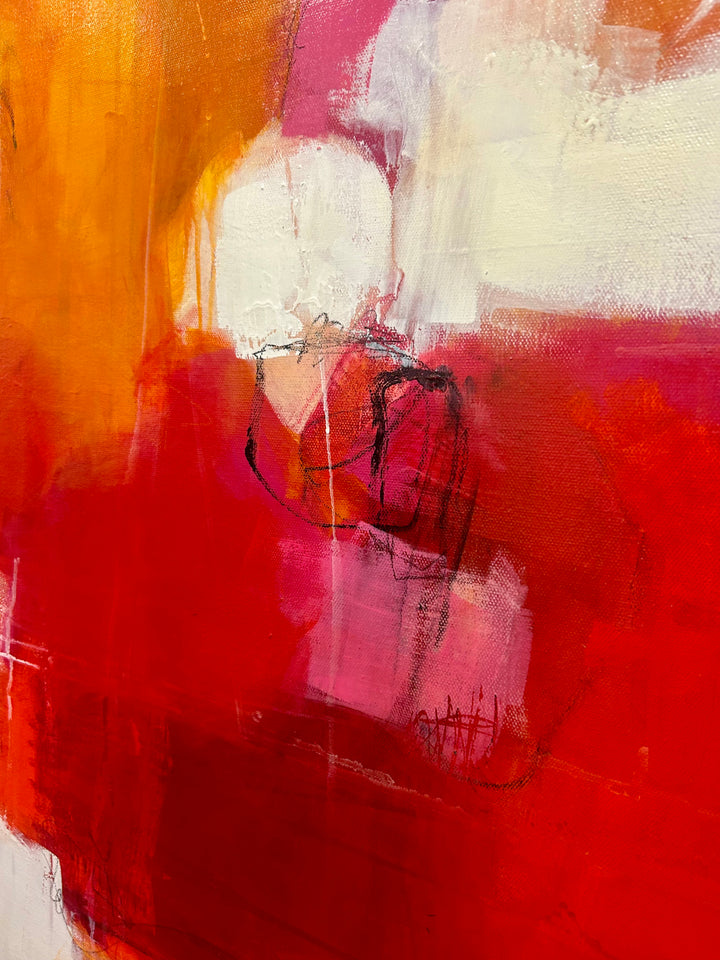48”W x 60”H abstract acrylic on canvas painting with red, orange, yellow and cream. 