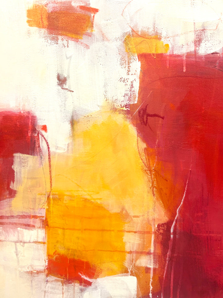 48”W x 60”H abstract acrylic on canvas painting with red, orange, yellow and cream. 