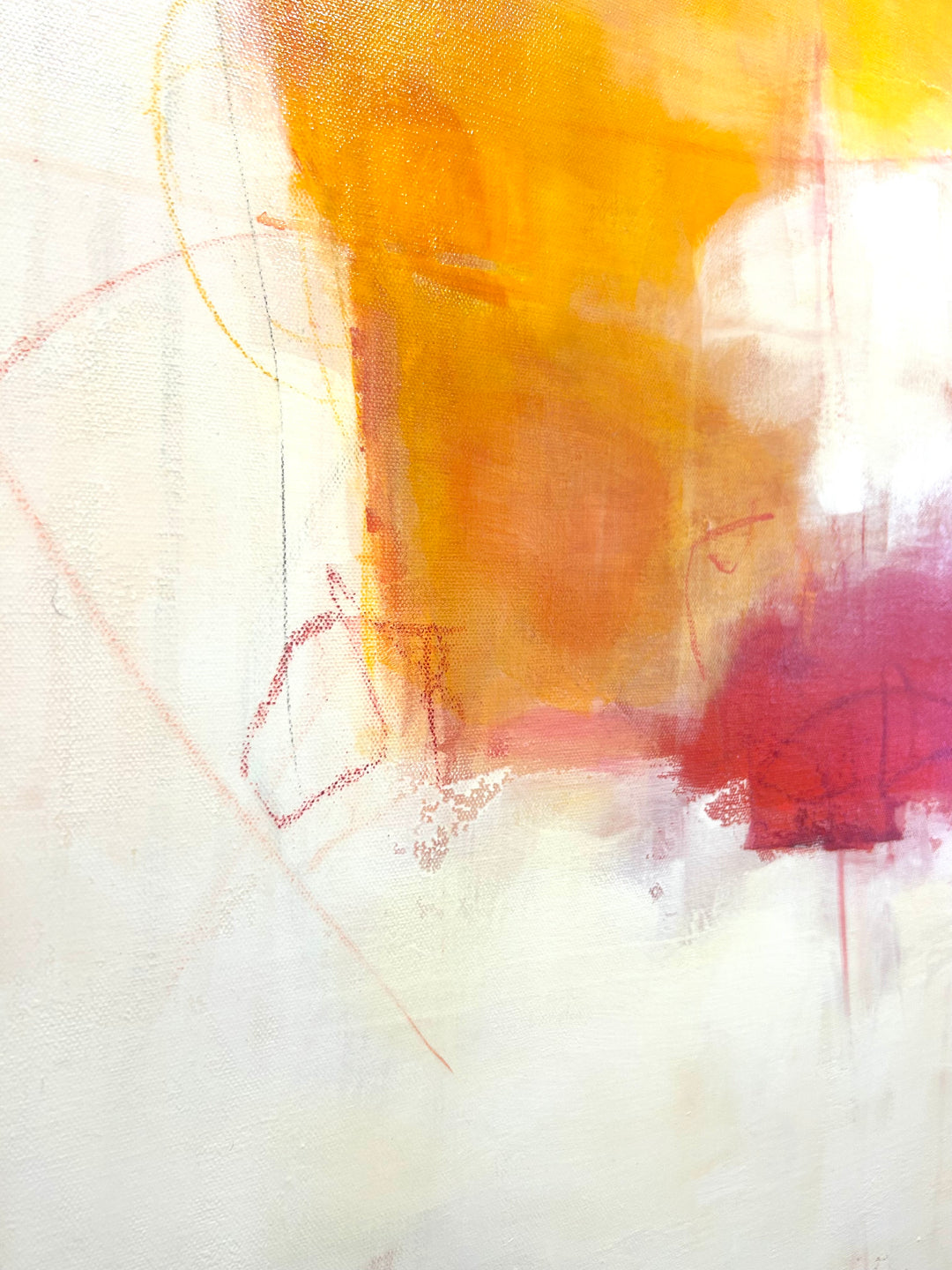 48”W x 60”H abstract acrylic on canvas painting with red, orange, yellow and cream. 