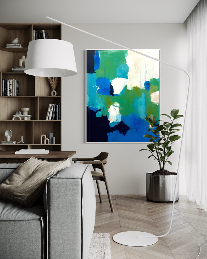 48”W x 60”H abstract acrylic on canvas painting with blue, green, teal and cream.