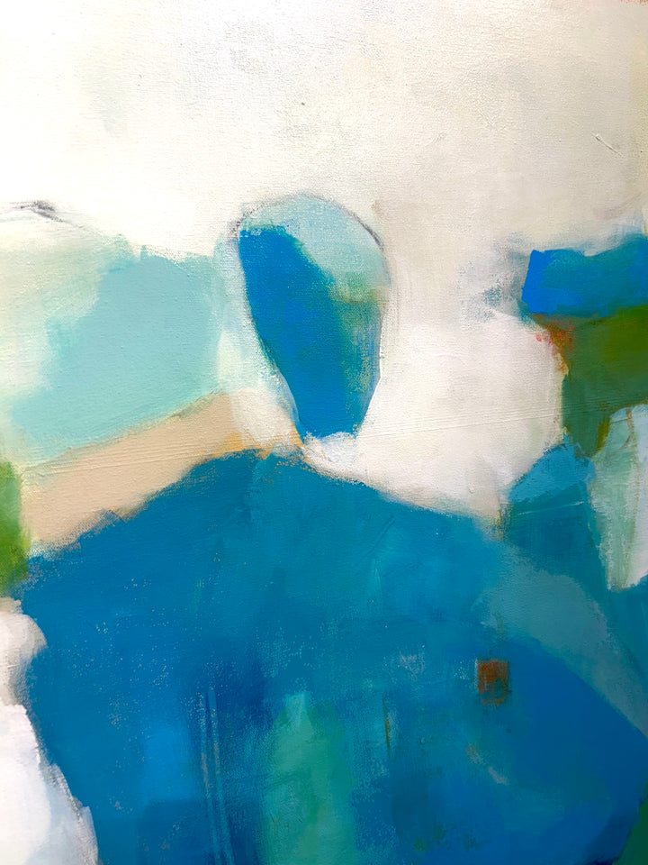 48”W x 60”H abstract acrylic on canvas painting with blues, greens, and cream.