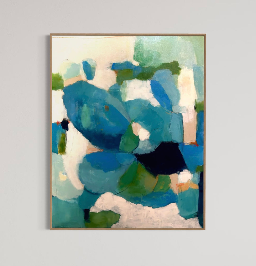 48”W x 60”H abstract acrylic on canvas painting with blues, greens, and cream.