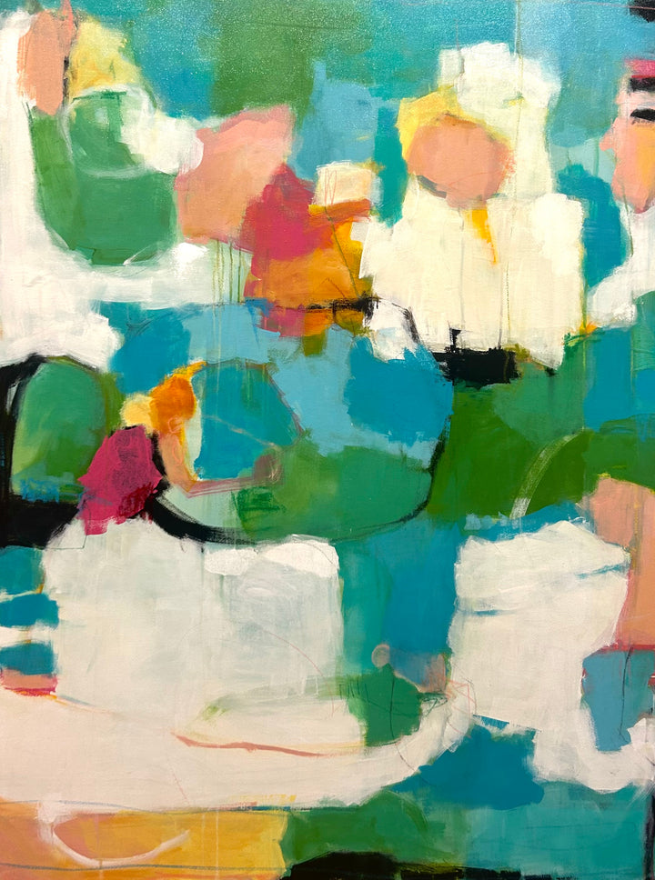 Abstract acrylic painting on canvas using blues, greens, whites and details of pink. 36”W x 48”H 