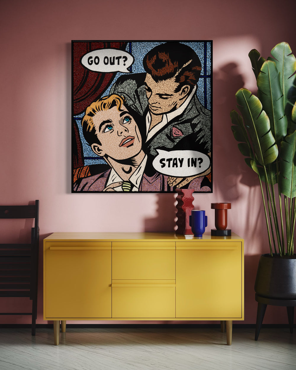 Glass mosaic artwork by Sarah Flishbein of two men in the style of 60s comic art. Speech bubbles show one man asking "go out" and the other asking "stay in"