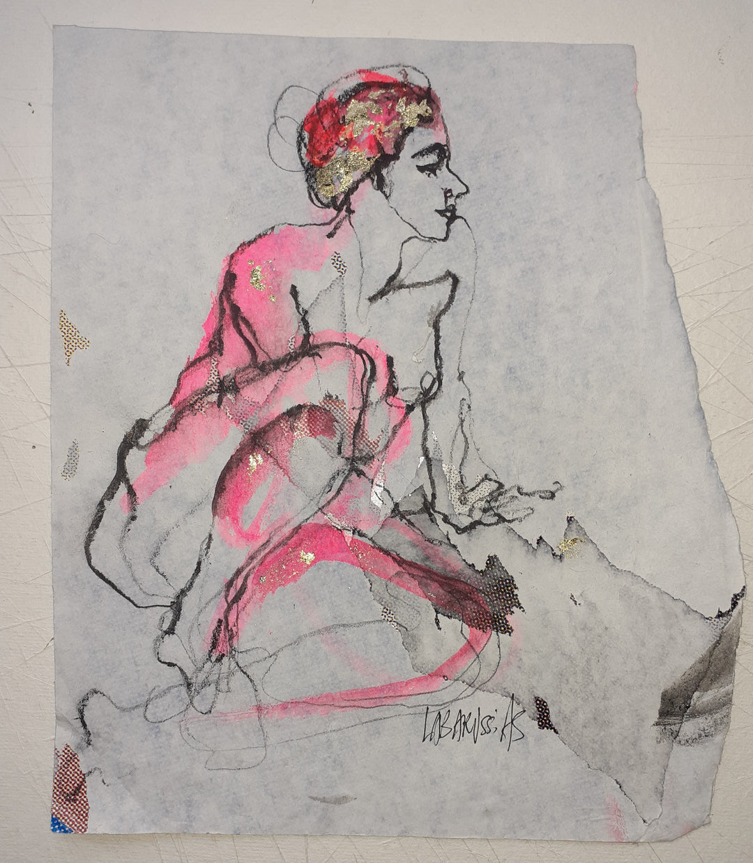 La Vie En Rose, artwork by Corinne Labarussias. Charcoal, watercolor, &amp; gold leaf on recycled paper. 17 by 15.75 inches.