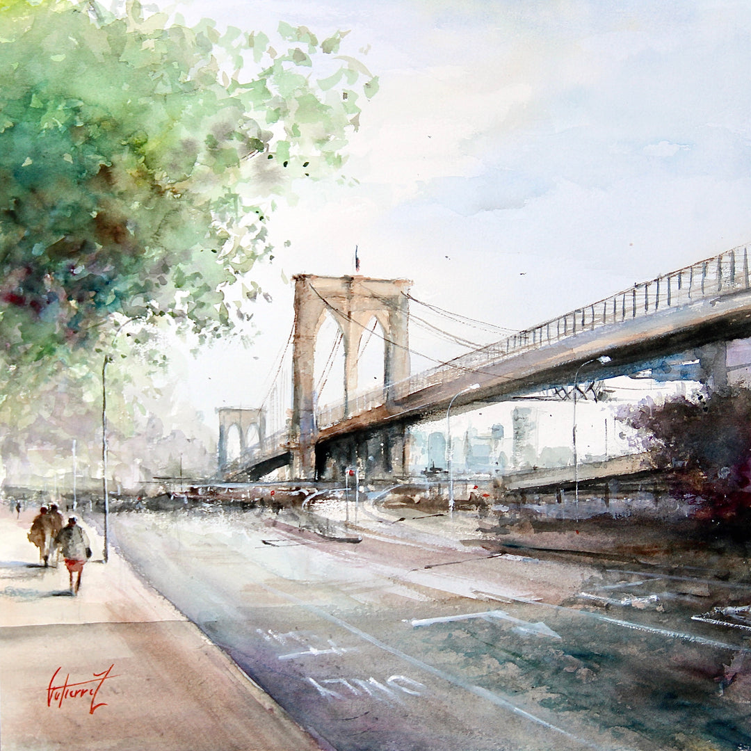 Brooklyn Bridge, artwork by Pierre Gutierrez. Watercolor on paper. 14 by 14 inches.