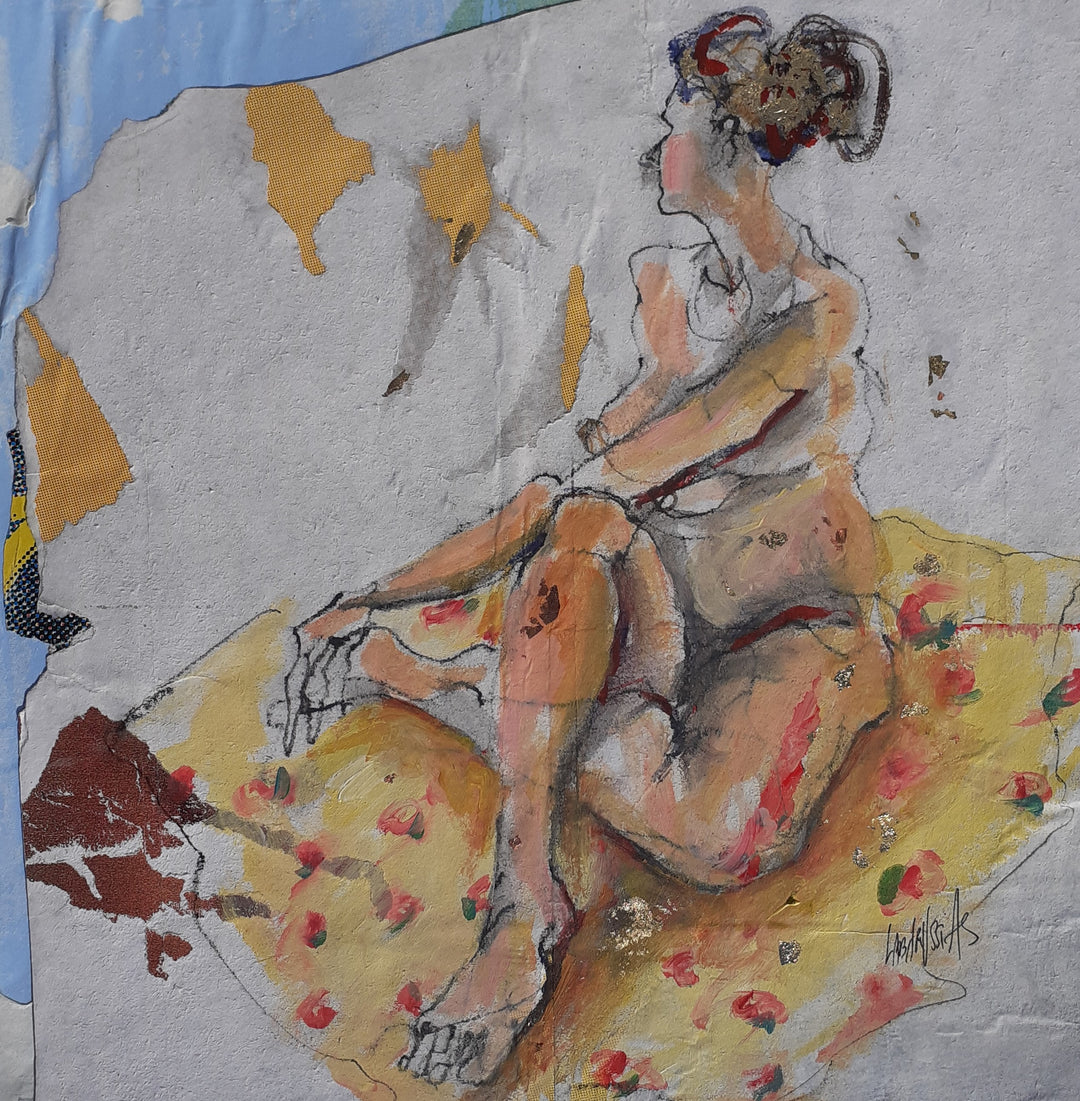 Esquisse XXXI, artwork by Corinne Labarussias. Charcoal, pigments, &amp; gold leaf on advertising paper. 14 by 14 inches.