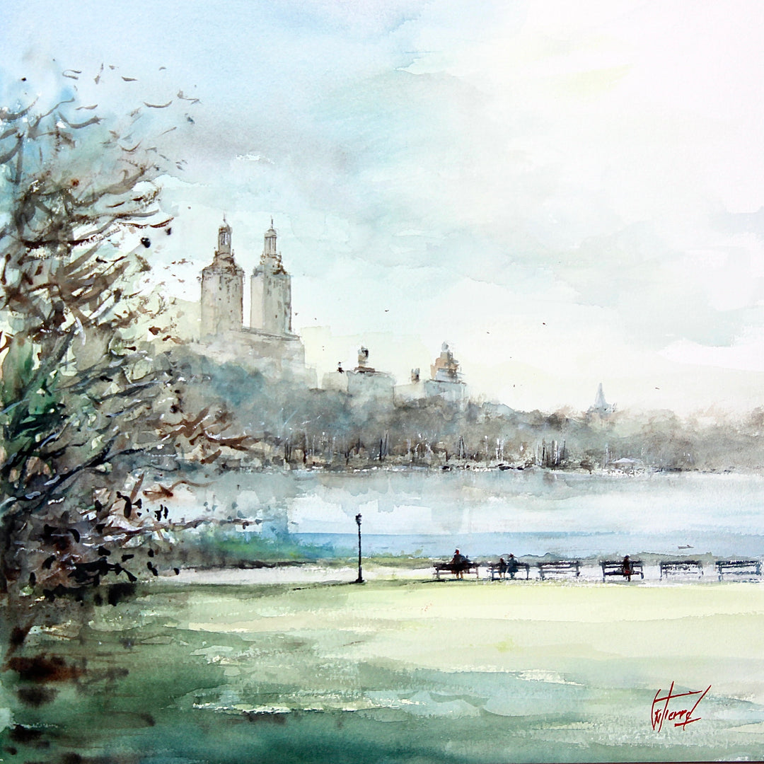 Central Park, artwork by Pierre Gutierrez. Watercolor on paper. 14 by 14 inches.