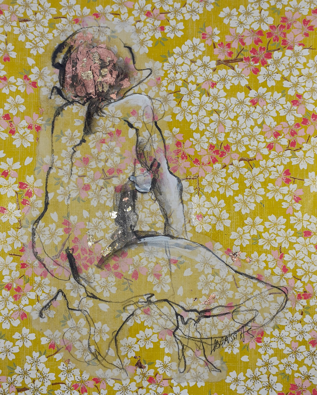 La Vie En Fleurs III, artwork by Corinne Labarussias. Charcoal, watercolor, &amp; gold leaf on Japanese paper. 17.5 by 15.25 inches.