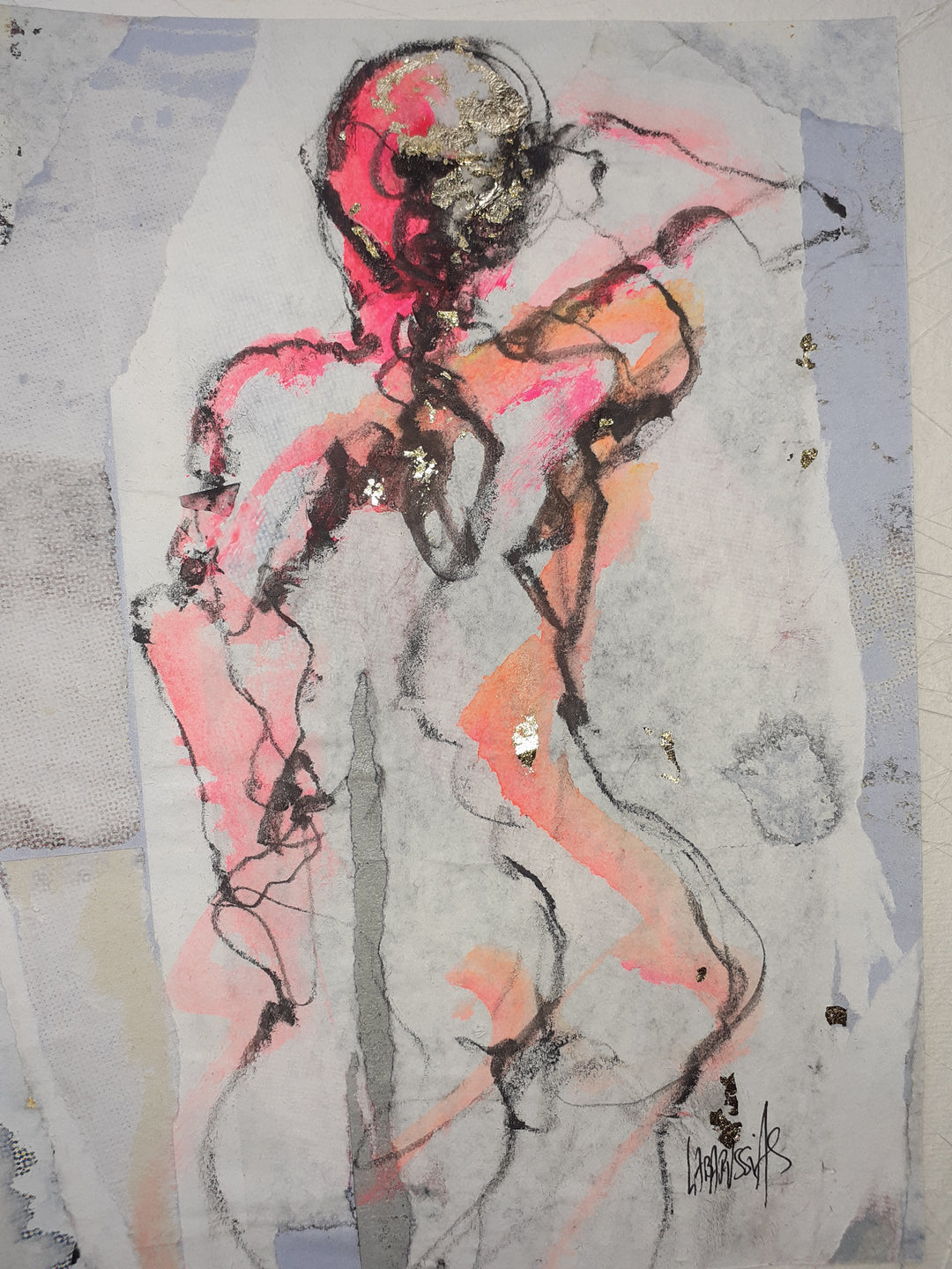 Esquisse IV, artwork by Corinne Labarussias. Charcoal, watercolor, &amp; gold leaf on recycled paper. 18.25 by 16 inches.