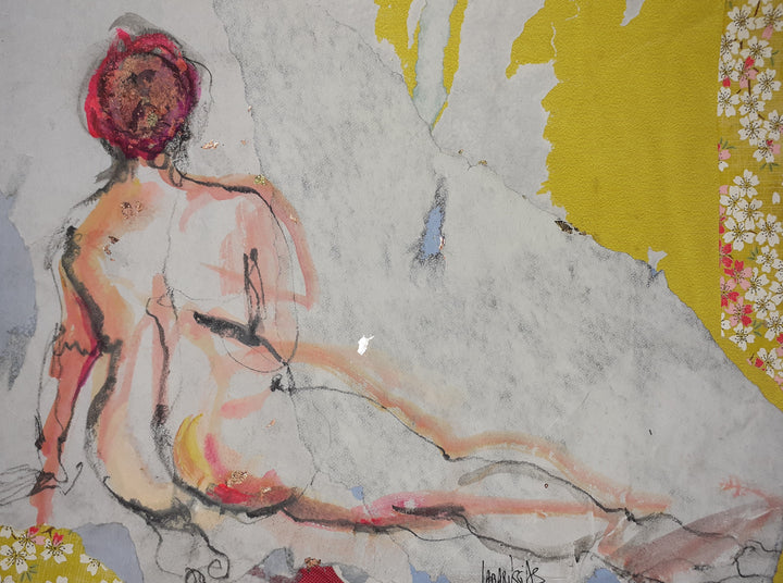 La Vie En Fleurs VII, artwork by Corinne Labarussias. Charcoal, watercolor, &amp; gold leaf on recycled &amp; Japanese paper. 18 by 22 inches.