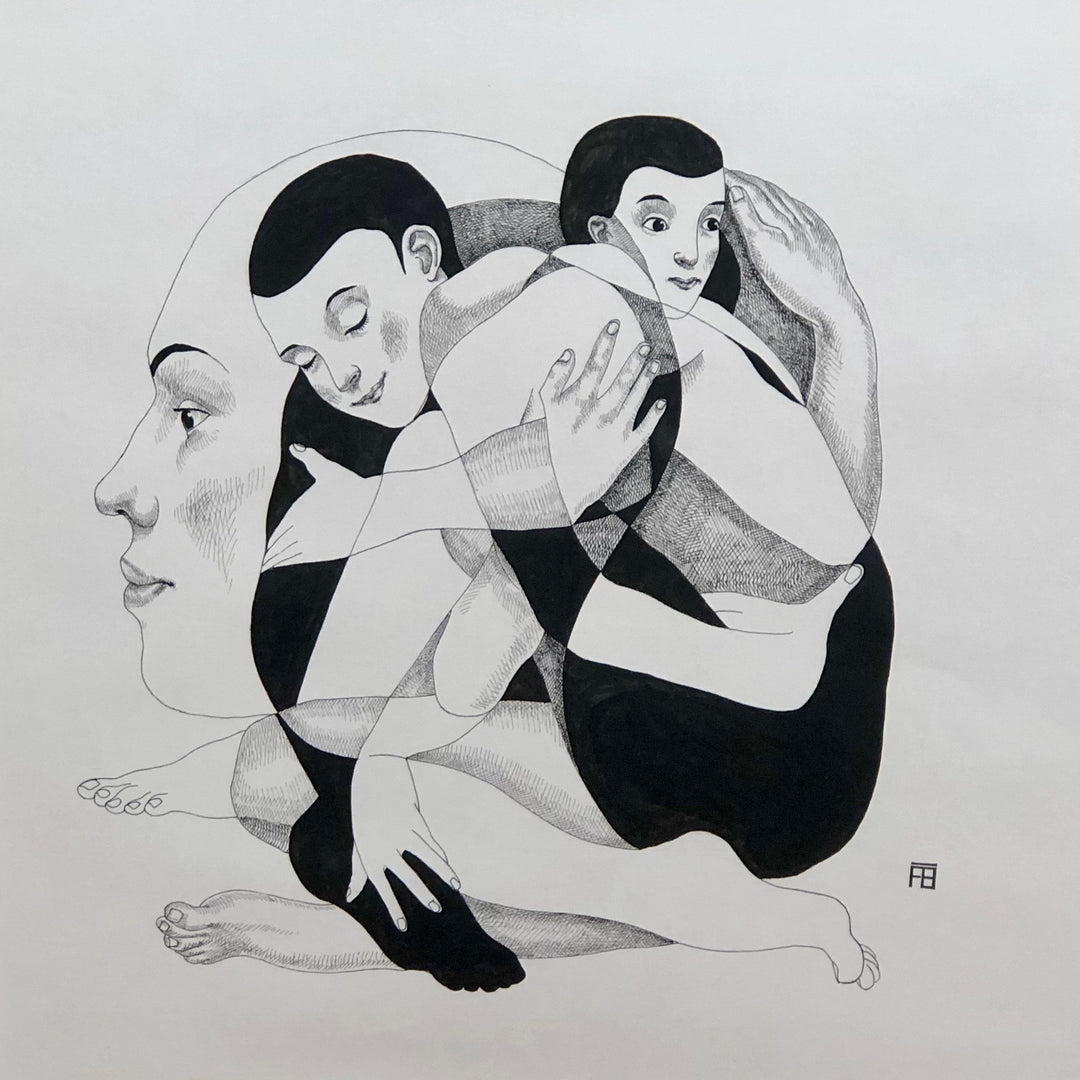 Affection, artwork by Florent Blache. Ink &amp; acrylic on paper. 14 by 14 inches.